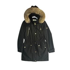 Michael Kors Womens Black Faux Fur Hooded Parka Coat Winter Puffer Cinch Waist S